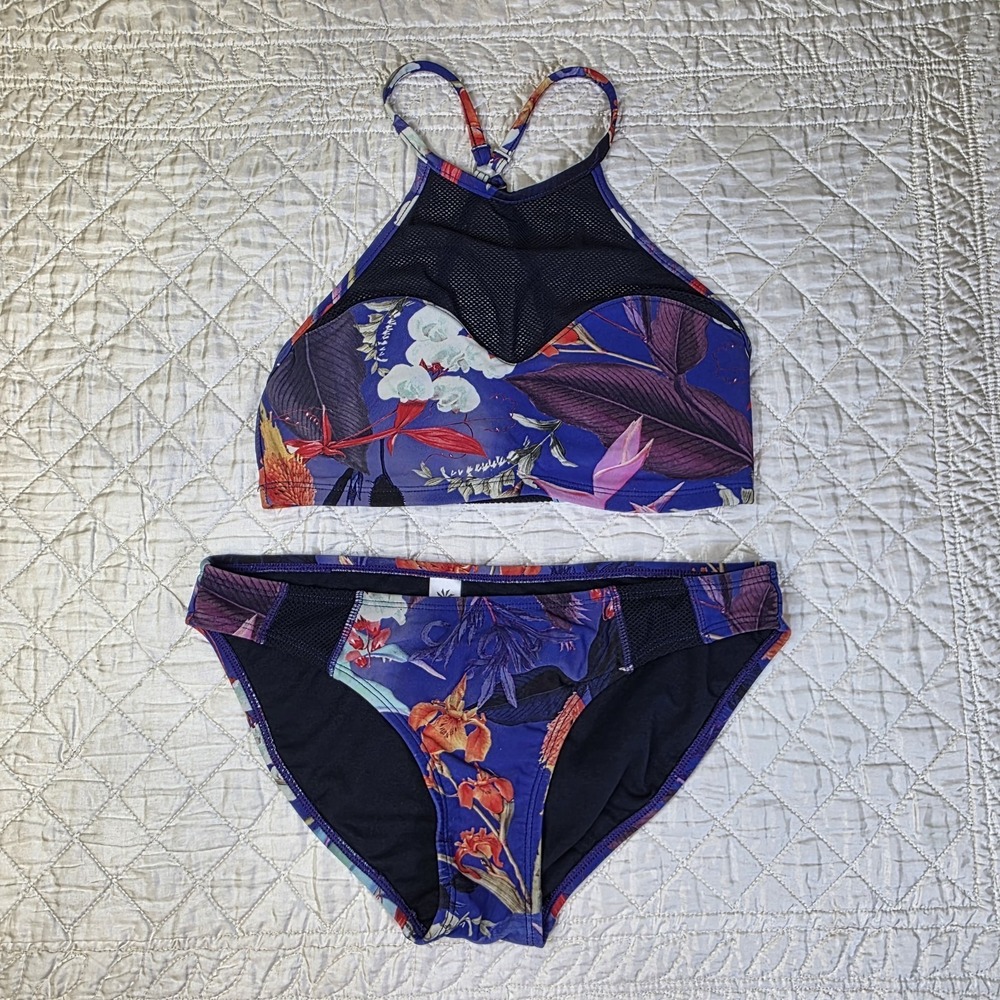 Athleta Lucia Mesh Bikini Matching Top And Bottom XS Purple Blue Floral Tropical